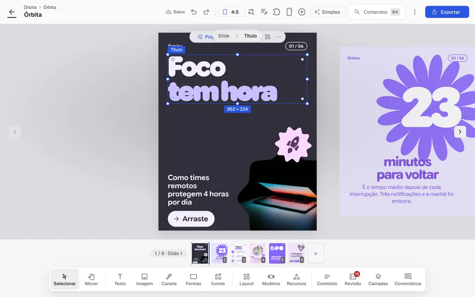 Editor com o carrossel da Órbita, uma marca fictícia